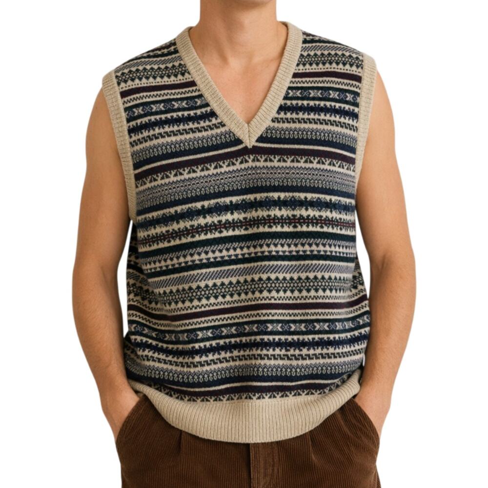 Vtg Fair Isle Wool Blend Sweater Vest V-Neck Grandpacore Academia Men's Large